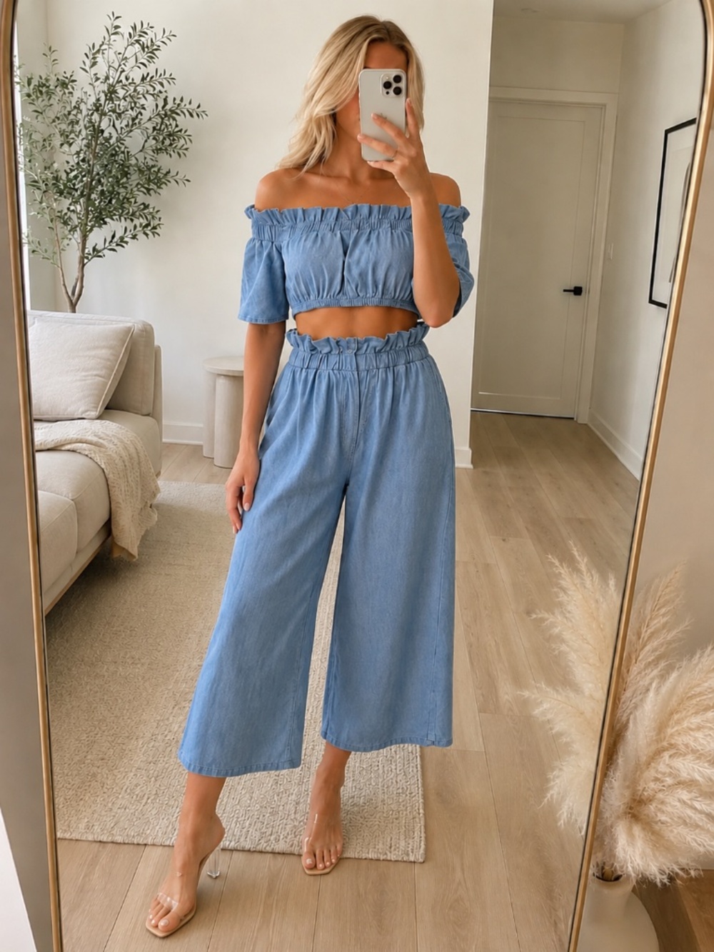 NWT Light Denim Ruffle Crop Top Pants Set Medium - Picture 5 of 6
